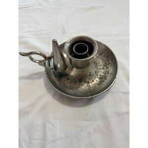 Vintage Silver Metal Chamberstick Candle Holder With Snuffer Rustic Patina 4.75"